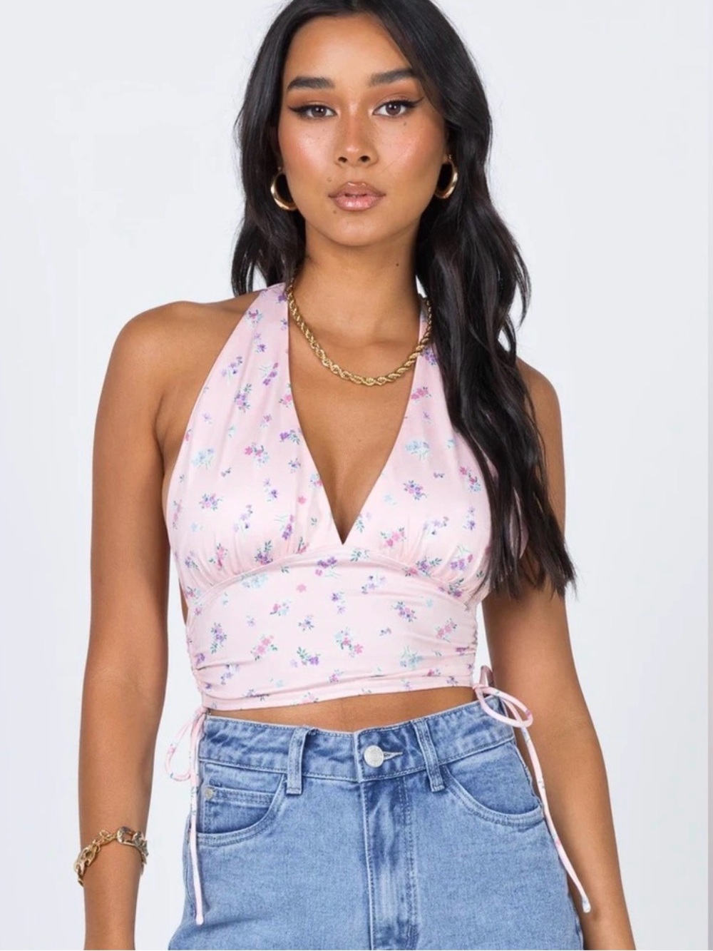 🌸NWOT Princess Polly Pink Floral Halter Ruched Crop Top Y2K Size 2
